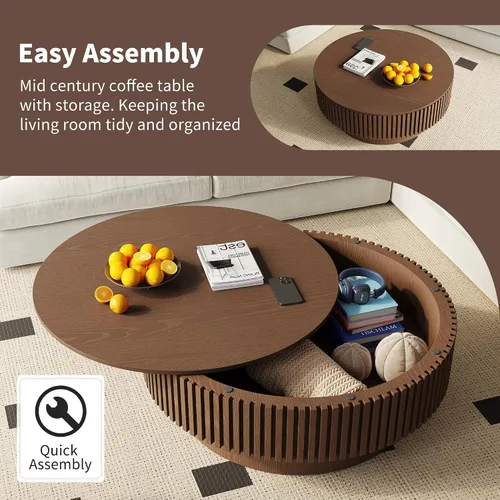 Miniatura 8 de Mesa de centro redonda con almacenamiento, mesas de centro de madera acanalada modernas con base resistente, mesa de té central circular de tambor