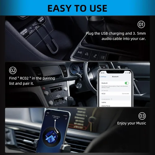 Miniatura 4 de ZIOCOM Adaptador auxiliar Bluetooth para automóvil, receptor USB Bluetooth 5.2, adaptador Bluetooth de 0.138 in con micrófono para transmisión