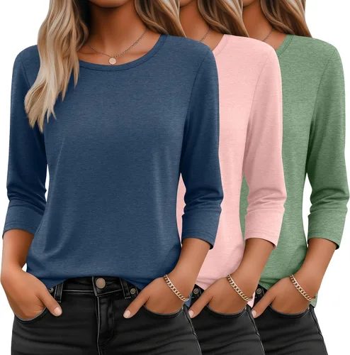 Miniatura 22 de Ficerd Paquete de 3 camisetas de manga 3/4 para mujer, cuello redondo, camisetas básicas elegantes, casuales, modernas, holgadas