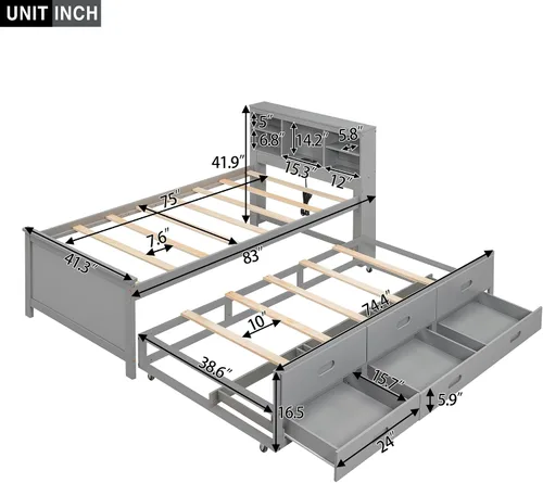 Miniatura 2 de Cama de plataforma de tamaño individual con cabecera de almacenamiento, cama nido individual y estación de carga, cama capitanes de madera de pino