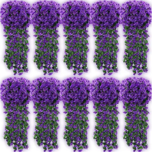 Paquete de 10 guirnaldas de flores artificiales colgantes para boda, ceremonia, pared, hogar, fiesta, jardín, decoración al aire libre (morado)