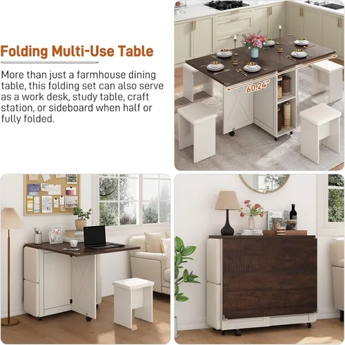 Miniatura 7 de Juego de mesa de comedor de granja de 5 piezas para 4, mesa plegable grande de 117 cm con 4 sillas de cuero, mesa de cocina plegable con ala