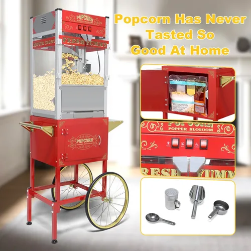 Miniatura 3 de Máquina comercial de palomitas de maíz con carrito y ruedas, máquina para hacer palomitas de maíz con hervidor de acero inoxidable de 22 onzas, Rojo