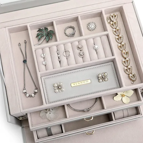 Miniatura 3 de Vlando Organizador de joyero, vitrina grande de cuero para joyas, caja de almacenamiento de 2 cajones, color gris