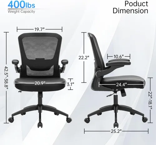 Miniatura 2 de Silla de oficina ergonómica ajustable de piel sintética con soporte lumbar, brazos abatibles, respaldo de malla transpirable, silla de escritorio