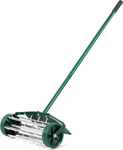GYMAX Aireador de césped, aireador rodante con guardabarros, mango antideslizante y picos de púas, aireador de enchufe para jardín, mantenimiento de