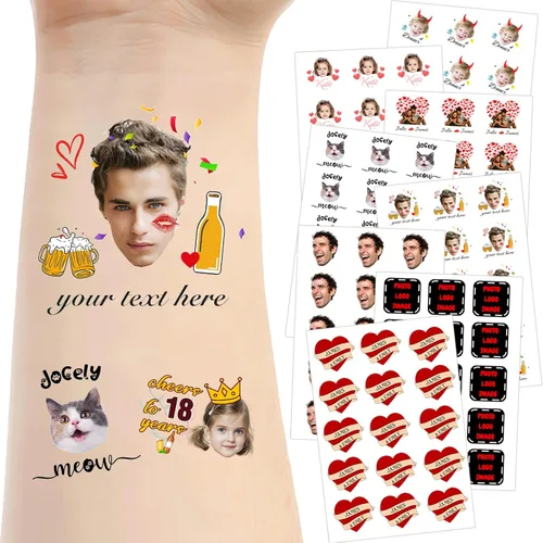 Miniatura 17 de Tatuajes temporales personalizados para la cara, tatuajes faciales personalizados con nombre de foto, logotipo, texto, calcomanía de tatuaje falsa