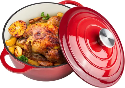Miniatura 10 de Horno holandés de hierro fundido esmaltado de 6 cuartos de galón con tapa, asas dobles grandes, apto para horno hasta 500 °F, olla redonda clásica