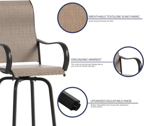 Miniatura 5 de UDPATIO Juego de 4 taburetes de bar giratorios para exteriores, taburetes altos para exteriores con tela textil impermeable, reposabrazos, Marrón