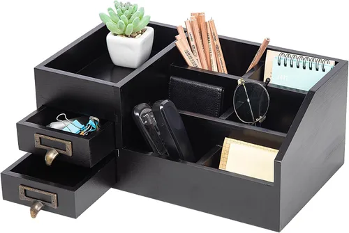 Organizador de escritorio de madera rústica envejecida para oficina, estante de madera, organizador de mesa para el hogar, almacenamiento con