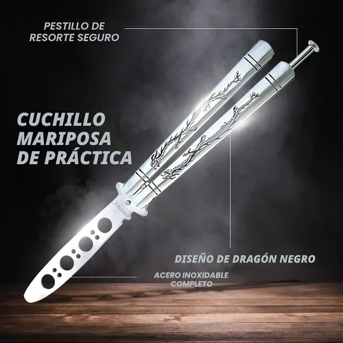 Miniatura 4 de Vornnex, cuchillo mariposa de práctica, hoja desafilada de acero inoxidable para entrenamiento, dragón negro (plateado)