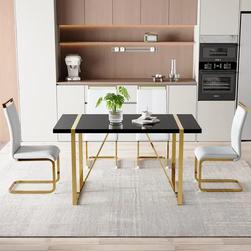 Miniatura 26 de Moderno juego de mesa de comedor para 4, juego de mesa de comedor dorado de 55 pulgadas con 4 sillas de piel sintética negra, mesa de madera negra