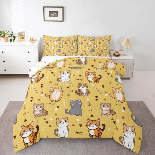 Miniatura 11 de Erosebridal Juego de edredón de tamaño matrimonial con diseño de gatos y gatos, lindo juego de ropa de cama Kawaii para niñas y niños