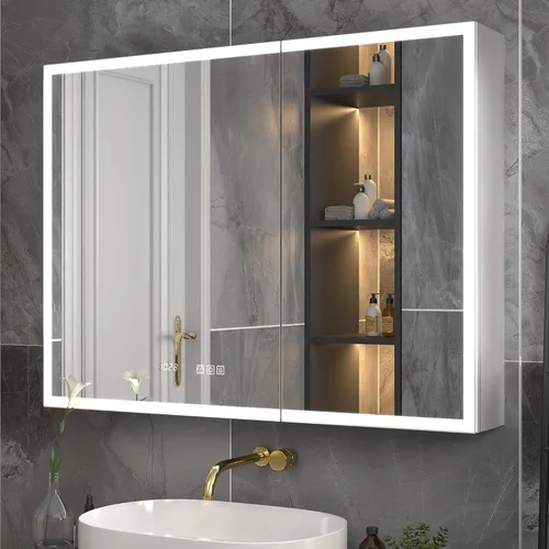 Miniatura 9 de ExBrite Botiquín iluminado de 28 x 32 pulgadas, armario con espejo LED empotrado/superficie con reloj y pantalla de temperatura, desempañamiento