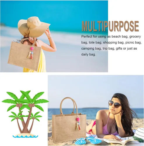 Miniatura 5 de FITDON Jute Canvas Tote Bag Women, Large Jute Bag Beach Bag Foldable Waterproof Shopping Bags Handbag for Picnic Travel Beach