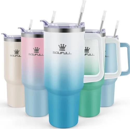 Miniatura 15 de Vaso de 40 onzas con asa y tapa con popote, taza de café de viaje 100% a prueba de fugas, taza aislada de acero inoxidable para bebidas frías