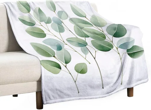 Manta rústica de hojas de eucalipto en acuarela, manta de vegetación natural, súper suave y acogedora para el hogar, cama, sofá para niños y