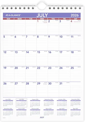 AT-A-GLANCE Calendario de pared 2026-2027, planificador académico de 12 meses, julio-junio, mensual, 11 x 8 pulgadas, bloques diarios a rayas (AY128)