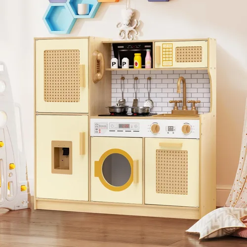 Miniatura 2 de HONEY JOY Cocina de Juguete de Madera con Diseño de Ratán, Juego de Cocina de Juguete para Niños Pequeños, Estufa con Luces y Dispensador de Agua