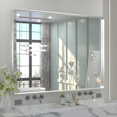 Miniatura 70 de TETOTE Espejo de marco dorado cepillado de 16 x 24 pulgadas, espejo de tocador de baño de latón dorado para pared, espejo enmarcado rectangular