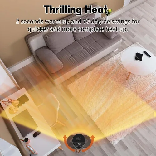 Miniatura 3 de QOWETU - Calentador de espacio portátil para uso en interiores con control remoto, calentador eléctrico oscilante de 70°, 17 pulgadas, temporizador