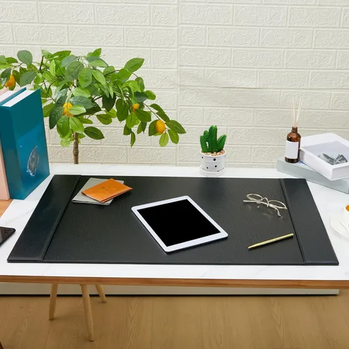 Miniatura 4 de Protector de Escritorio de Cuero 30" x 18" Almohadilla de Escritorio de Cuero con Rieles Laterales Tapete de Escritorio para Oficina Hogar Lugar