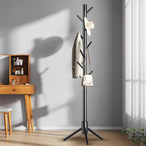 Miniatura 7 de Aliphon Perchero de madera, perchero independiente con 8 ganchos, árbol de abrigos ajustable de 3 tamaños para sombreros, abrigos, bufandas y Negro