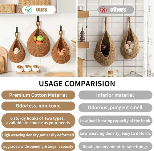 Miniatura 3 de Cestas de frutas bohemias para colgar en la pared para cocina, paquete de 3 soportes tejidos con 6 ganchos fuertes, cesta colgante de verduras