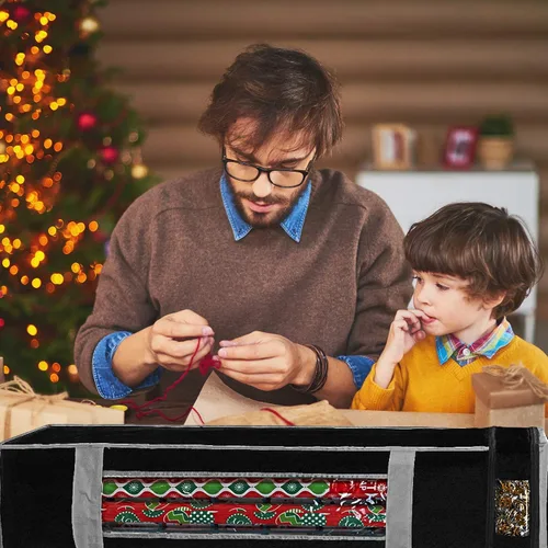 Miniatura 6 de ProPik Bolsa organizadora de almacenamiento de papel de regalo navideño con bolsillo y asas, incluyendo lazo para colgar, material resistente