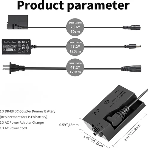 Miniatura 5 de ACK-E8 Adaptador de corriente de CA DR-E8 Kit de acoplador de CC de reemplazo de batería LP-E8 para cámaras Canon EOS Rebel T5i T4i T3i T2i 700D