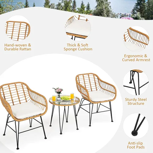 Miniatura 6 de Tangkula Juego de 3 piezas de patio bistró, juego de conversación de ratán con 2 sillones acolchados y mesa de centro redonda de cristal, juego