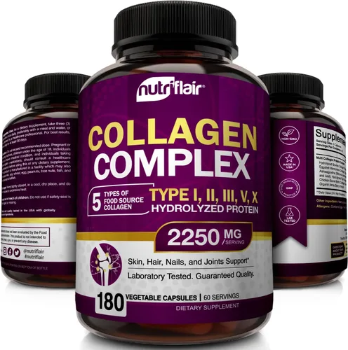 Miniatura 3 de NutriFlair Péptidos de colágeno múltiple de 2250 mg, tipo I, II, III, V, X, suplementos de colágeno complejo en polvo para mujeres y hombres