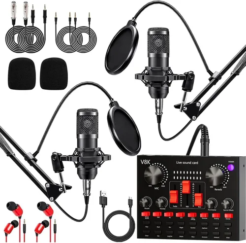 Paquete de equipo de podcast para 2, interfaz de audio con micrófono BM800 de cardioide diseñado para jugadores y mezclador DJ todo en uno, perfecto