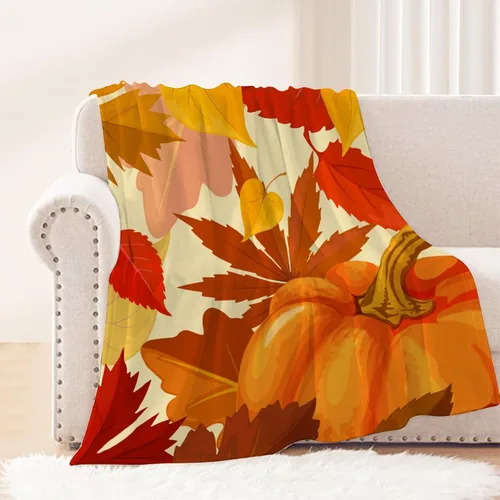 Manta decorativa de otoño, color naranja, Acción de Gracias, hojas de calabaza otoñal, para sofá, cama, para exteriores, ligera, mullida, suave, de