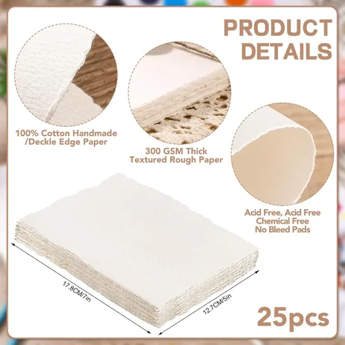Miniatura 2 de Prudiut 25 hojas de papel de acuarela de algodón, 300 g/m², borde deshilachado, 12,7 x 17,8 cm, rugoso/texturizado, blanco, para acuarelas