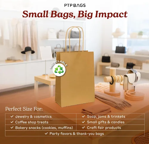 Miniatura 2 de PTP - 250 bolsas de mano para regalo, de papel, Kraft Perfectas para cumpleaños, bodas, vacaciones y toda ocasión Colores blanco o natural