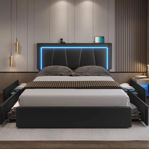 Miniatura 3 de DICTAC Marco de cama tamaño completo con cabecera y 4 cajones de almacenamiento, moderna plataforma de cama tapizada en cuero sintético