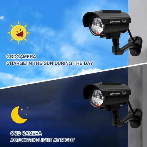 Miniatura 5 de Kanayu 6 unidades de cámaras de seguridad falsas con energía solar negra, cámara de vigilancia simulada de seguridad simulada con luces