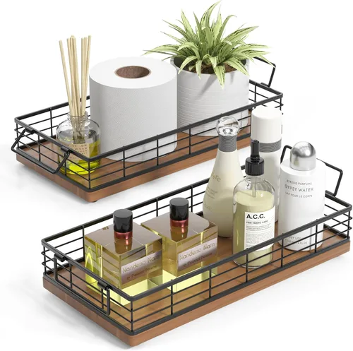 Miniatura 10 de Cesta de papel higiénico de acacia, bandeja de 13 pulgadas para almacenamiento de artículos de aseo en la parte superior del inodoro, organizador