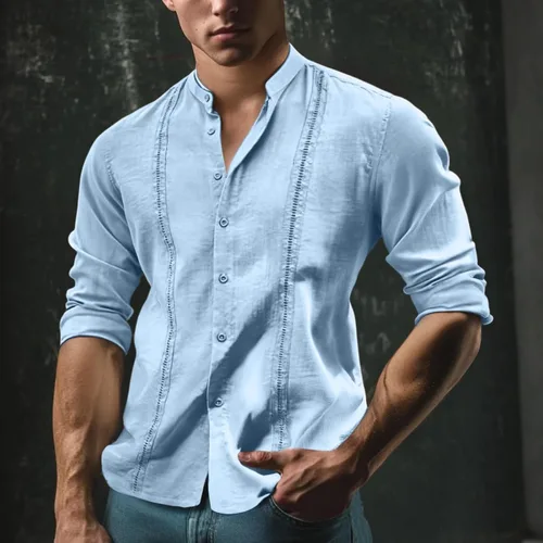 Miniatura 3 de Camisa de manga larga para hombre, sin cuello, ligera, transpirable, Guayabera Cuba camisa con botones para la playa Azul-cielo