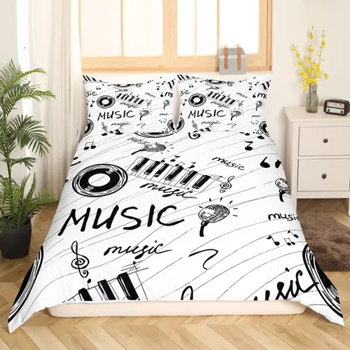 Miniatura 2 de Feelyou Juego de ropa de cama con temática musical en blanco y negro, funda de edredón para niños y niñas, diseño musical, funda de edredón