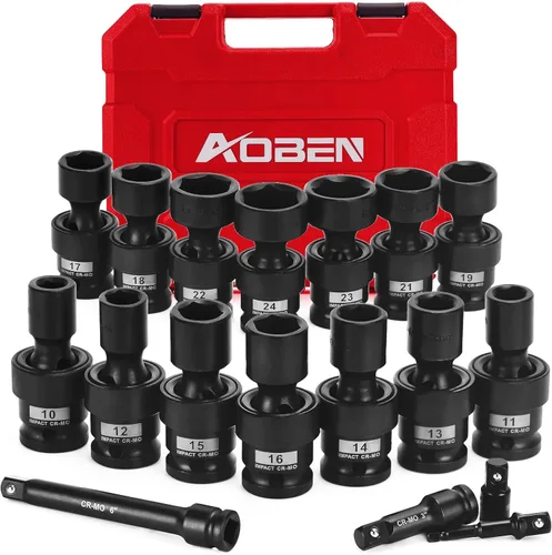 AOBEN 18 piezas 1/2" unidad de accionamiento juego de llaves de impacto universales poco profundas, enchufe giratorio con oscilación flexible, 6
