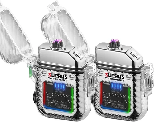 Miniatura 14 de SUPRUS Luminoso 3 modos de linterna resistente al viento, impermeable, encendedor eléctrico recargable de plasma de doble arco con silbato de Naranja