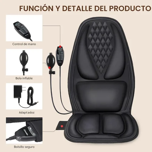 Miniatura 6 de Masajeador de espalda con calor, almohadilla de asiento de masaje con soporte lumbar 3D, almohadilla de masajeador de silla con 8 motores Negro