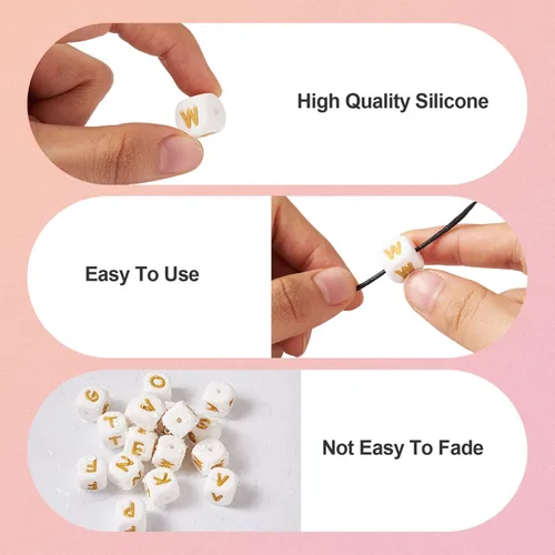 Miniatura 5 de FASHEWELRY 52 cuentas de silicona de 0.472 in, cuentas cuadradas de silicona del alfabeto de oro blanco, cuentas focales a granel para hacer A a
