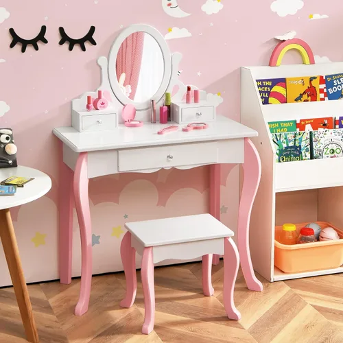 Miniatura 8 de Costzon Juego de tocador para niños con espejo, tocador de maquillaje de princesa 2 en 1 con parte superior desmontable, tocador para niños pequeños