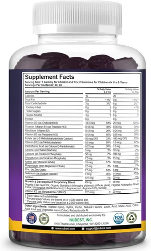 Miniatura 9 de NuBest Gomitas Tall para Niños de 2+ Años y Adolescentes Fortaleza Ósea, Inmunidad, Salud Digestiva con Calcio, Vitamina D3, K2, Complejo B