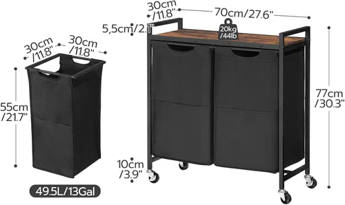 Miniatura 6 de HOOBRO Cesta de lavandería, clasificador de ropa sucia de 2 secciones, 2 × 13 galones (49.5 L), cesta de lavandería con ruedas, carrito rodante