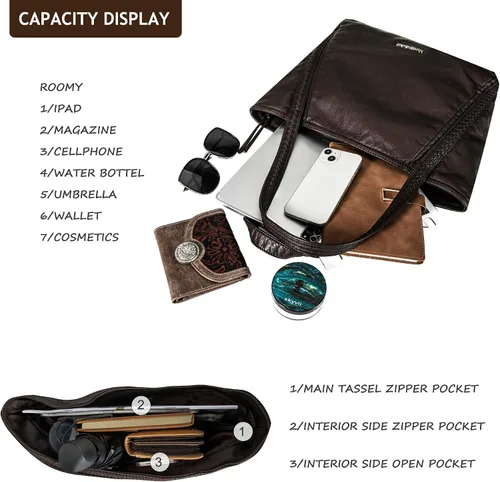 Miniatura 6 de Montana West Stone Washed Leather Hobo Purses for Women Soft Top Handle Shoulder Bag with Wallet 2PCS Set