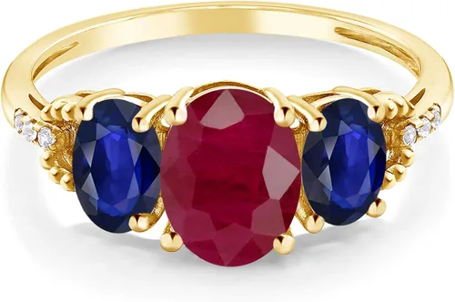 Miniatura 2 de Gem Stone King Anillo de compromiso ovalado de oro amarillo de 10 quilates con rubí rojo y zafiro azul para mujer 529 quilates piedra natal